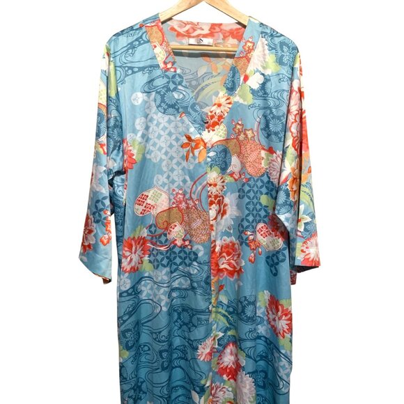 Natori Women's Kaftan Floral Kimono Vibrant Blue Multicolor Sz Large Boho Lounge - Picture 3 of 13